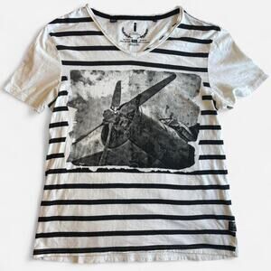 i JEANS BY BUFFALO Unisex S T-Shirt V-Neck Cotton Striped Black and White